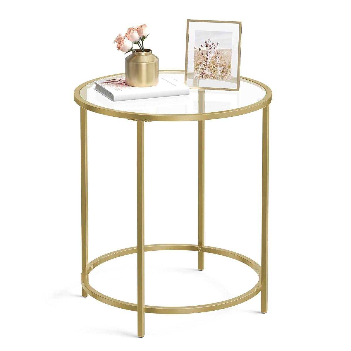 Round Side Table, Glass End Table with Metal Frame