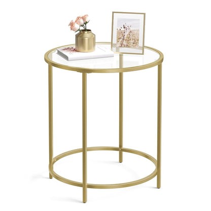 Round Side Table, Glass End Table with Metal Frame