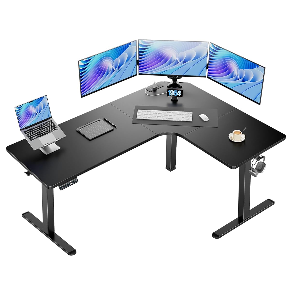 63″ L-Shaped Standing Desk, Built-in Power Outlets, Electric Height Adjustable Corner Computer Desk, Large Power Strip Holder, Sit Stand Up Desk with 3 Preset Heights, Black