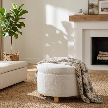 24" Large Round Storage Ottoman - Cream Boucle