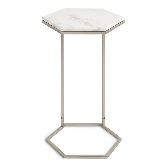 Trillion Modern C-Table; 16 x 14 x 28; Silver; Chic Marble Accent End Table with Geometric Hexagon Top