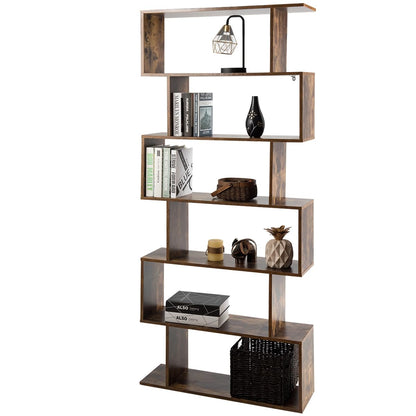 6-Tier Geometric Bookcase, Modern S-Shaped Storage Display Bookshelf for Living Room, Anti-Toppling Device, Home Office Wooden 6 Shelf Open Bookcase (1, Coffee)