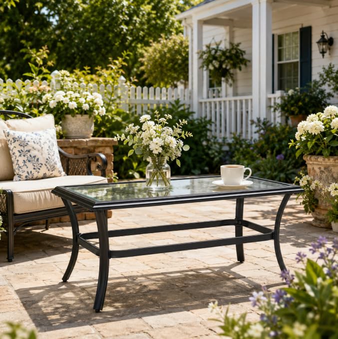 Outdoor Glass Coffee Table,Outdoor Furniture Coffee,Patio Garden Furniture Multi-Functional Tea Table with Tempered Glass Top, for Conversation-Square (Rectangular)