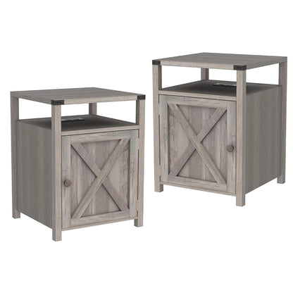 Farmhouse Nightstand Set of 2 with Storage, Rustic End Table, Grey
