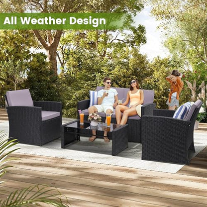 4-Piece Patio Furniture Set, Wicker Outdoor Rattan Sectional Sofa with Cushions and Glass Table, All-Weather Outdoor Conversation Set for Garden, Porch, Backyard, Patio, Black and Grey