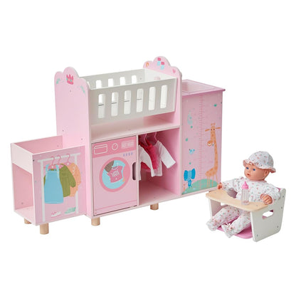 Olivia's Little World Amanda 6-in-1 Wooden Doll Nursery Station, Pink/Multi | Rocking Cradle, High Chair, Storage, Washing Machine and Sink, For 3 yrs and up