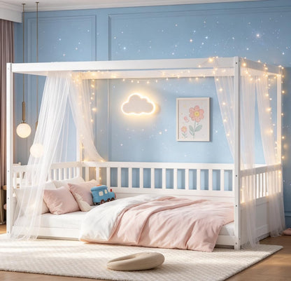 Full Canopy BedFrame, Wood Montessori House Floor Bed