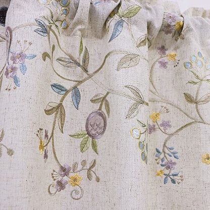 Floral Embroidered Pattern Kitchen Valances for Windows, Linen Rod Pocket Curtains Valance for Living Room, 52 Inch Wide by 18 Inch Long, One Panel