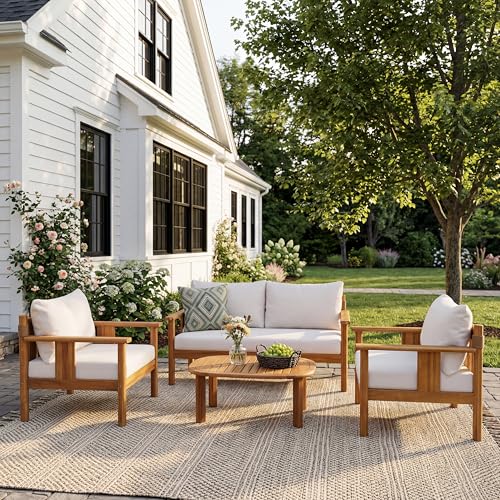 Willy Acacia Wood Patio Furniture Set with Water-Repellent Cushion, 4 Piece Outdoor Acacia Wood Conversation Set, Outdoor Sectional Sofa Set with Coffee Table, Beige+Teak
