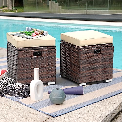 2 Piece Outdoor Patio Ottomans, All-Weather Brown PE Rattan Wicker Ottoman with Storage, Outdoor Footrest Footstool Seat w/Thick Cushion, Built-in Handle for Backyard Poolside Porch (Beige)