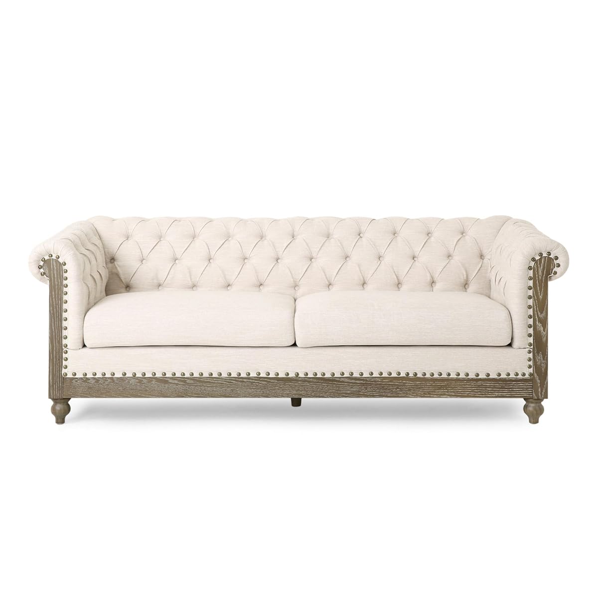 LUMISOL 3-Seat Sofa with Rivet Detailing for Living Room, Retro Style Sofa Couch Furniture with Wooden Legs, Loveseat with Pull-tab Backrest for Apartments Office, Beige