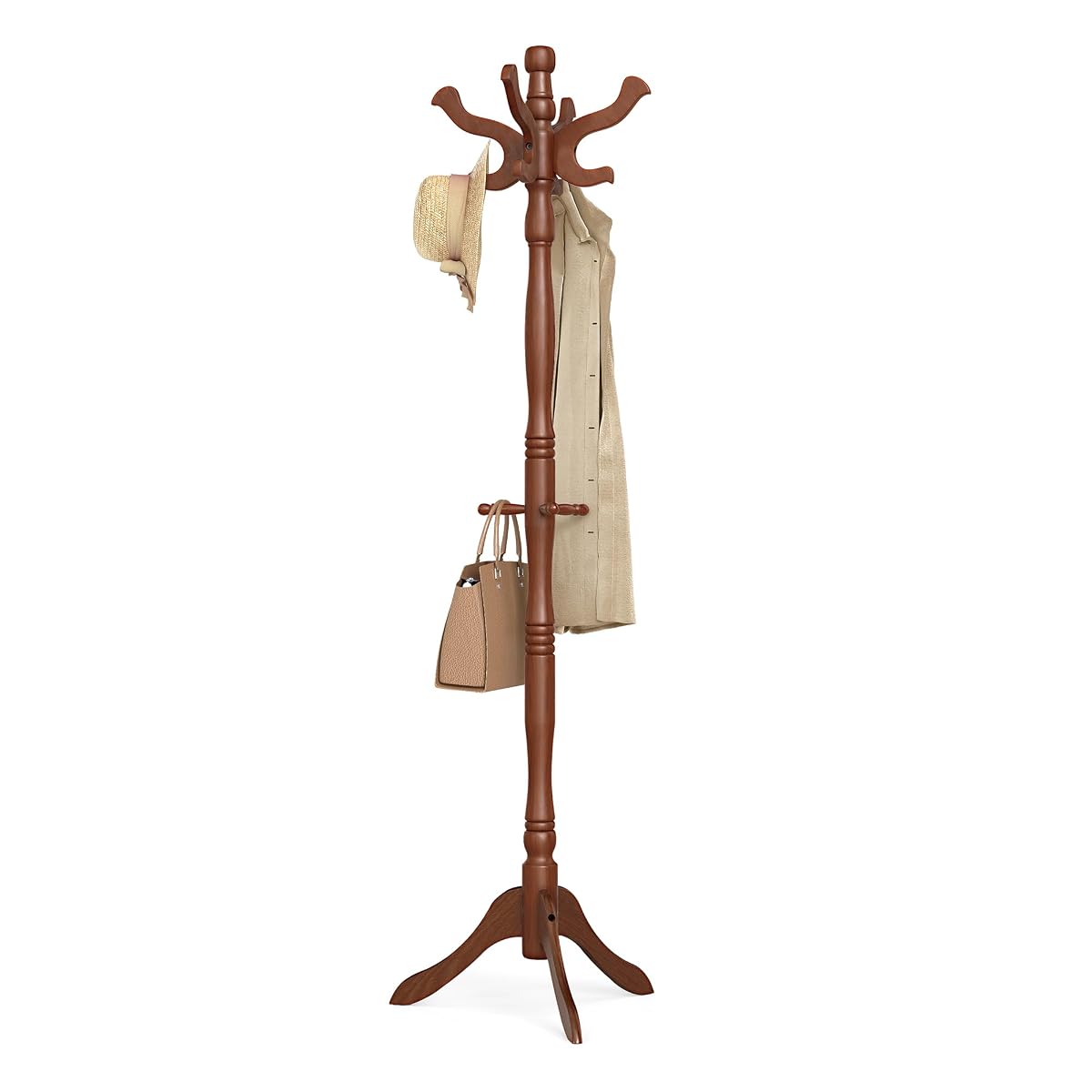Freestanding Coat Rack, Rubber Wood Coat Tree with 11 Hooks