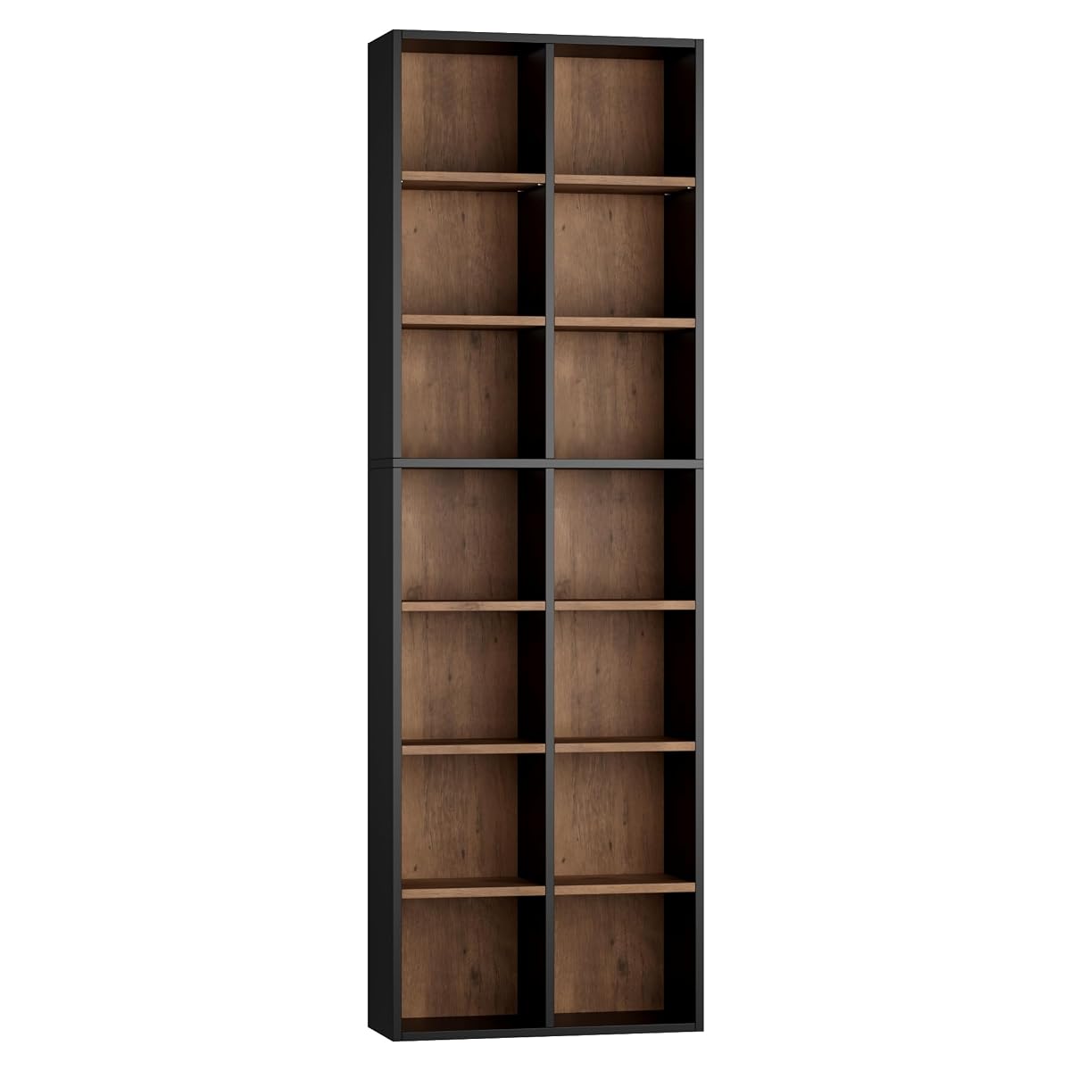 71'' Tall Bookshelf with 14 Cubes, 7 Tier Double Wide Wood Bookshelf with 6 Adjustable Shelves, 19.6" Narrow Bookcase DVD/CD Media Storage, Space Saving Display Shelf Cabinet, Black/Brown