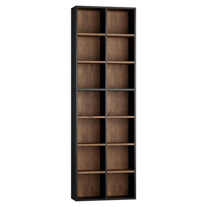 71'' Tall Bookshelf with 14 Cubes, 7 Tier Double Wide Wood Bookshelf with 6 Adjustable Shelves, 19.6" Narrow Bookcase DVD/CD Media Storage, Space Saving Display Shelf Cabinet, Black/Brown