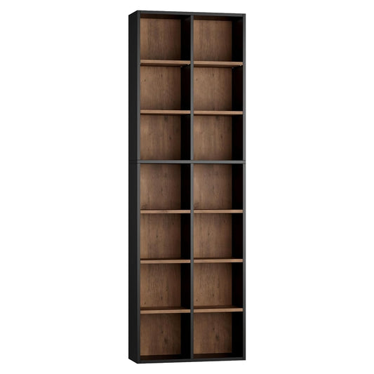 71'' Tall Bookshelf with 14 Cubes, 7 Tier Double Wide Wood Bookshelf with 6 Adjustable Shelves, 19.6" Narrow Bookcase DVD/CD Media Storage, Space Saving Display Shelf Cabinet, Black/Brown