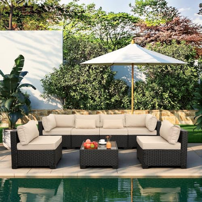 7 Pieces Outdoor Wicker Furniture Conversation Set Patio Sectional Sofa Set Glass Table with Non-Slip Cushions Furniture Cover, Khaki