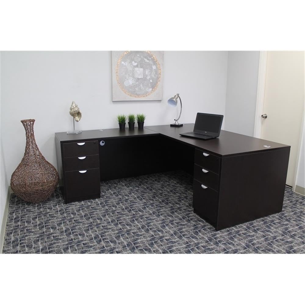 L-Shaped Office Desk with Pedestal, Engineered Wood, Mocha Finish