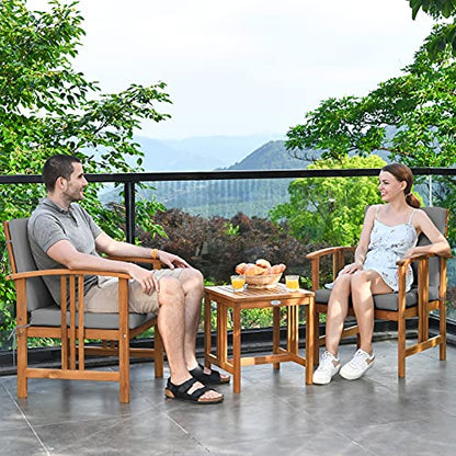 3 Pieces Patio Furniture Set, Includes Set of 2 Outdoor Acacia Wood Cushioned Chairs and Coffee Table, for Garden, Backyard, Poolside, Bistro and Deck, Patio Conversation Chat Set (Gray)