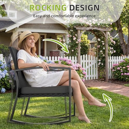 3 Pieces Outdoor Patio Set -Wicker Rattan Chair Conversation Set with Glass Table for Poolside Yard Rocking Chair Set for Bistro Garden Front Porch All Weather Patio Furniture Set