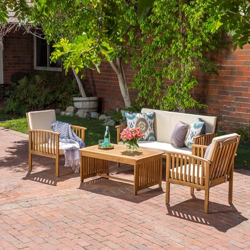 4-Piece Outdoor Patio Furniture Set, Acacia Wood Chat Set with Loveseat Coffee Table and 2 Chairs Cushions, Modern Backyard Garden Conversation Set, Light Wood
