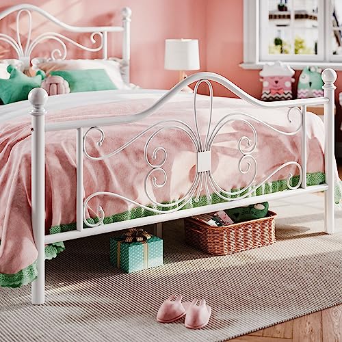 Full Size Metal Bed Frame with Butterfly Headboard, White, view 6