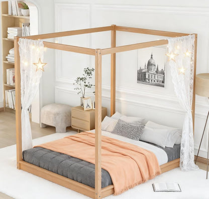 Queen Canopy BedFrame, Montessori Floor Bed, Canopy Platform Bed for Kids, view 5