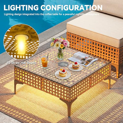 Wicker Patio Furniture Set 3 Pieces Outdoor Sectional Sofa with Solar Light Table Outdoor Couch with Waterproof Cushions All-Weather Rattan Patio Conversation Set for Indoor/Outdoor