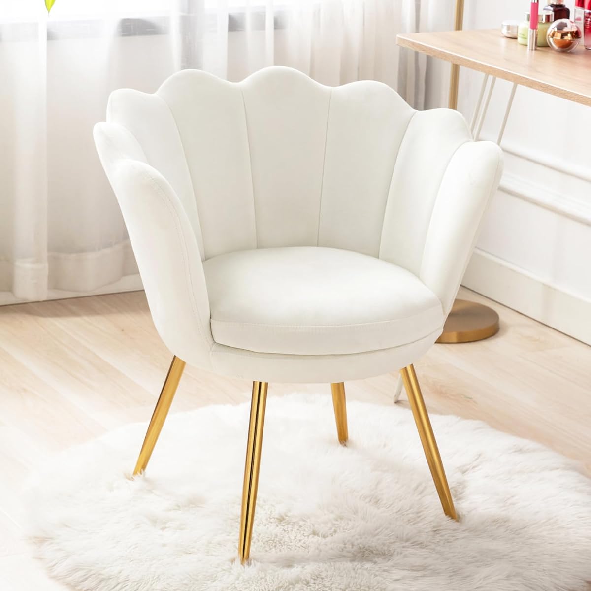 Cream White Makeup Vanity Chair with Back, Small Modern Velvet Upholstered Accent Chair with Gold Metal Legs, Cute Shell Shaped Vanity Stool Desk Chair for Living Room Bedroom Dressing Room