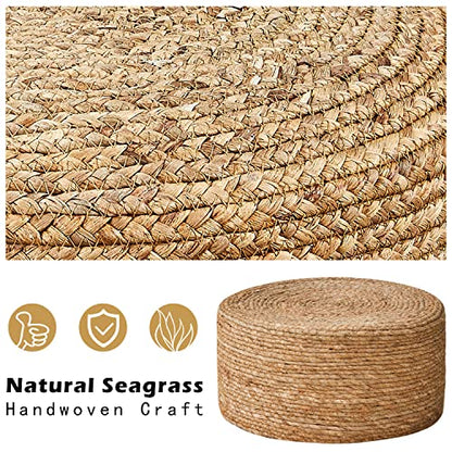 Foot Stool Natural Seagrass Hand Weave Poufs Round Ottoman for Couch Desk Soft Step Stool Padded Foot Rest with Non-Skid Pine Legs for Hallway Office Lounge Natural