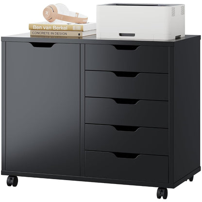 5 Drawer File Cabinet Office Drawers Organizer with Wheels Rolling, Under Desk Cabinets with Shelves and Door Printer Stand with Wood Board Metal Frame for Home Office Storage Craft Room, Black