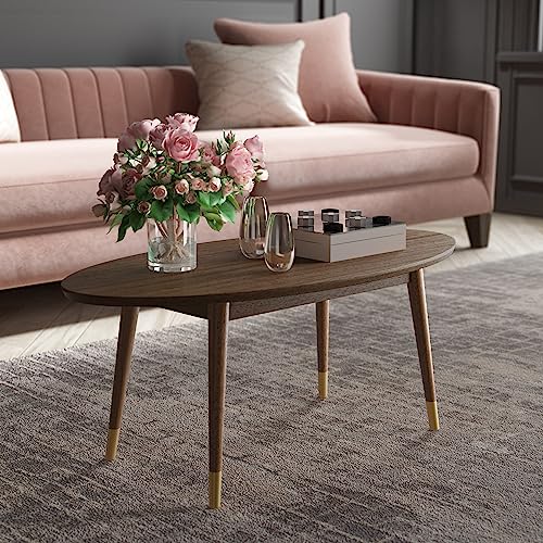 Clemintine Oval Coffee Table, Mid-Century Modern Wood Cocktail Table with Walnut Brown Finish and Brass-Capped Legs for Living Room