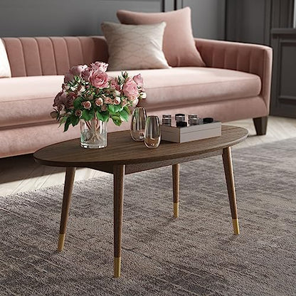 Clemintine Oval Coffee Table, Mid-Century Modern Wood Cocktail Table with Walnut Brown Finish and Brass-Capped Legs for Living Room