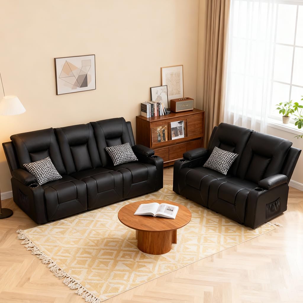 Living Room Furniture Set,Faux Leather Manual Recliner Sofa Sets with Cup Holders,Reclining Couch,Loveseat and Armchair,3+2,Black