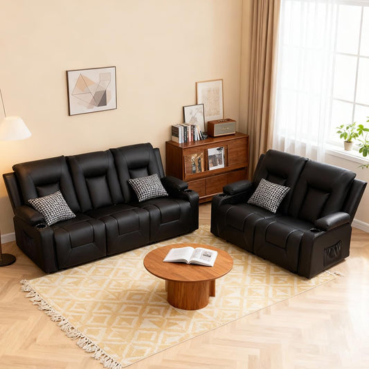 Living Room Furniture Set,Faux Leather Manual Recliner Sofa Sets with Cup Holders,Reclining Couch,Loveseat and Armchair,3+2,Black