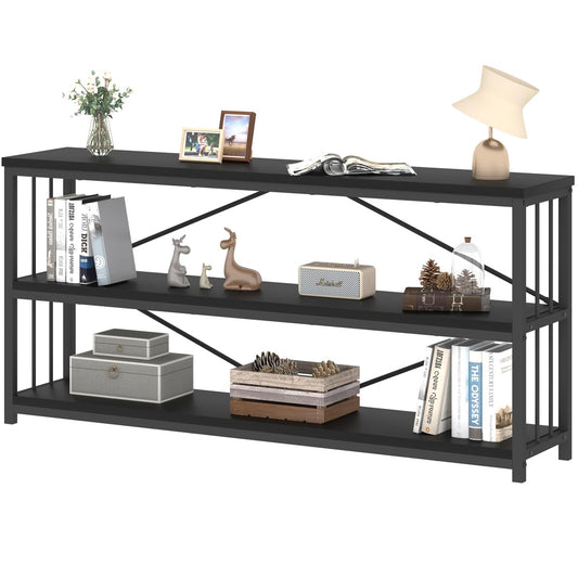 63" Black Low Horizontal Bookcase, Modern Long Wood Metal 3 Tier Book Shelf, Farmhouse Vintage Big Open Sturdy Bookshelf, Simple Large Wide Etagere for Home Living Room Office Bedroom, Black Oak