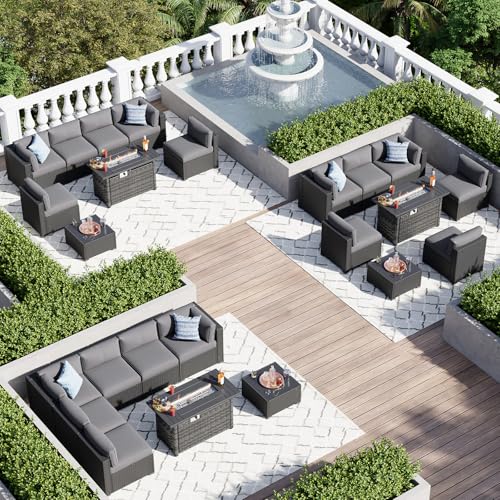 8 Piece Patio Furniture Set with 44" Fire Pit Table Wicker Rattan Sectional Sofa Outdoor Seating with Thickened Cushion, Grey