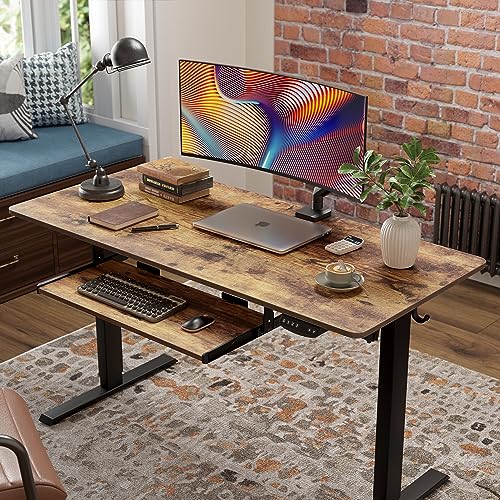 48 x 24 Inches Large Height Adjustable Electric Standing Desk with Keyboard Tray, Ergonomic Workstation for Home Office, Black Frame Rustic Brown Top