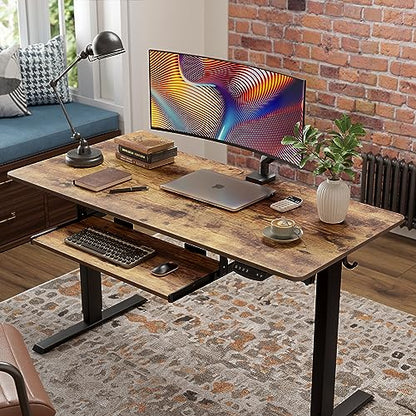 48 x 24 Inches Large Height Adjustable Electric Standing Desk with Keyboard Tray, Ergonomic Workstation for Home Office, Black Frame Rustic Brown Top