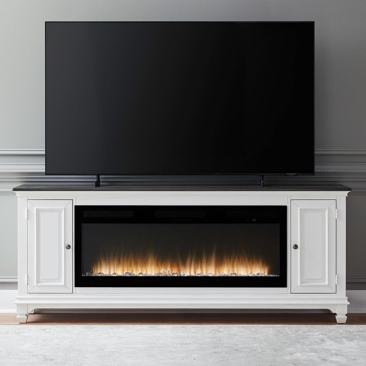 Liberty Furniture Allyson Park Heated LED Fireplace TV Console for Living Rooms 80 Inch - Wirebrushed White with Charcoal Tops