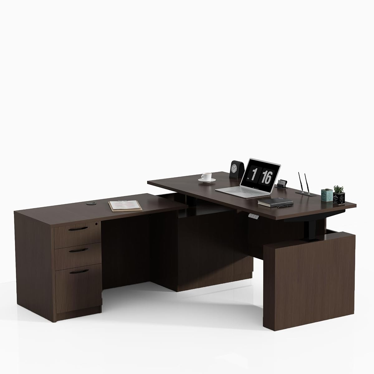 66.93" L Shaped Executive Standing Desk with Lockable Cabinet