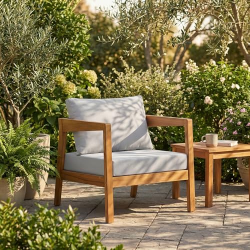 Grice Acacia Wood Lounge Chair Outdoor with Removable Cushion, Wooden Patio Accent Chair with Open Frame Design, Outdoor Armchair for Patio Furniture Set, Light Grey + Teak