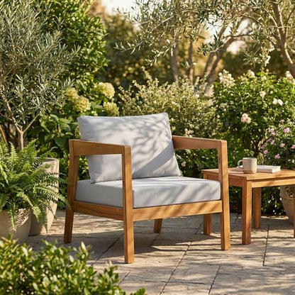 Grice Acacia Wood Lounge Chair Outdoor with Removable Cushion, Wooden Patio Accent Chair with Open Frame Design, Outdoor Armchair for Patio Furniture Set, Light Grey + Teak