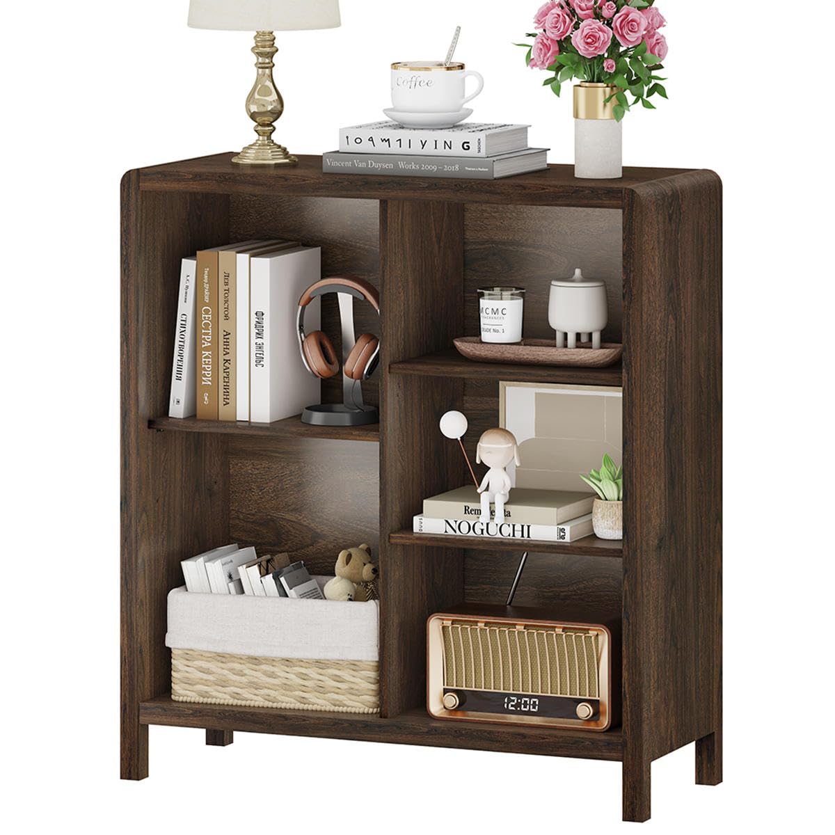 5 Cube Bookshelf, Wood Bookcase with 3 Adjustable Shelves, Farmhouse Cube Storage Organizer Shelf for Small Space Bedroom Living Room (Dark Walnut)