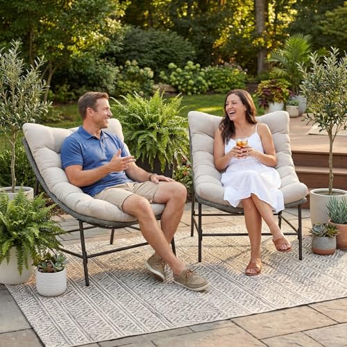 Outdoor Papasan Chairs Set of 2, Oversized Scoop Wicker Chairs with Cushions & Steel Frame, Double Comfy Conversation Reading Furniture for Apartment Patio, Porch, Deck, Balcony
