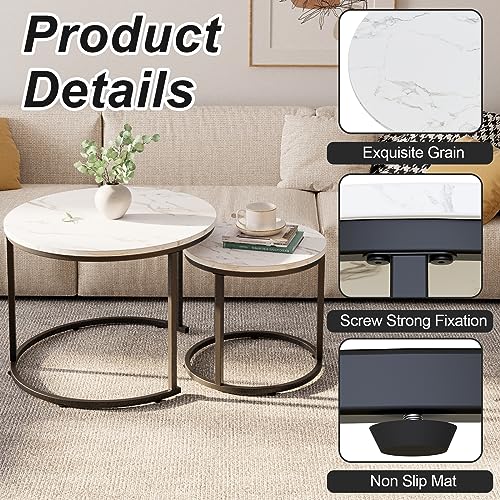 Round Nesting Coffee Table Side Table Set of 2 End Tables for Living Room Bedroom Balcony, White Faux Marble Wooden Table Accent Coffee Table with Black Steel Frame