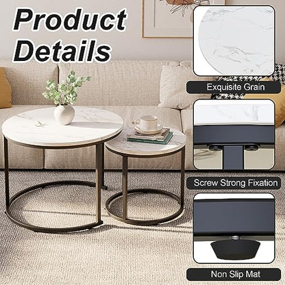 Round Nesting Coffee Table Side Table Set of 2 End Tables for Living Room Bedroom Balcony, White Faux Marble Wooden Table Accent Coffee Table with Black Steel Frame