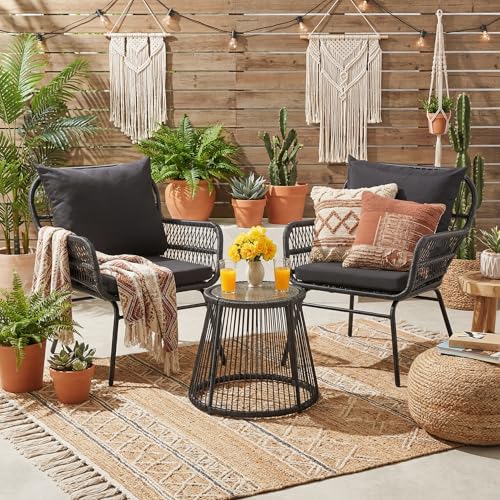 3-Piece Outdoor Patio Furniture Set - 20" Wide Seating w/ 2" Thick Cushions, 14.2" Seat Height - Modern Boho Furniture for Gardens, Balcony & Apartments