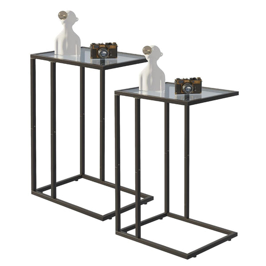 Easy Paws C Shaped End Table Set of 2, Tempered Glass Snack Side Table with Metal Frame, Sofa Couch Side Table, Modern Style, Black