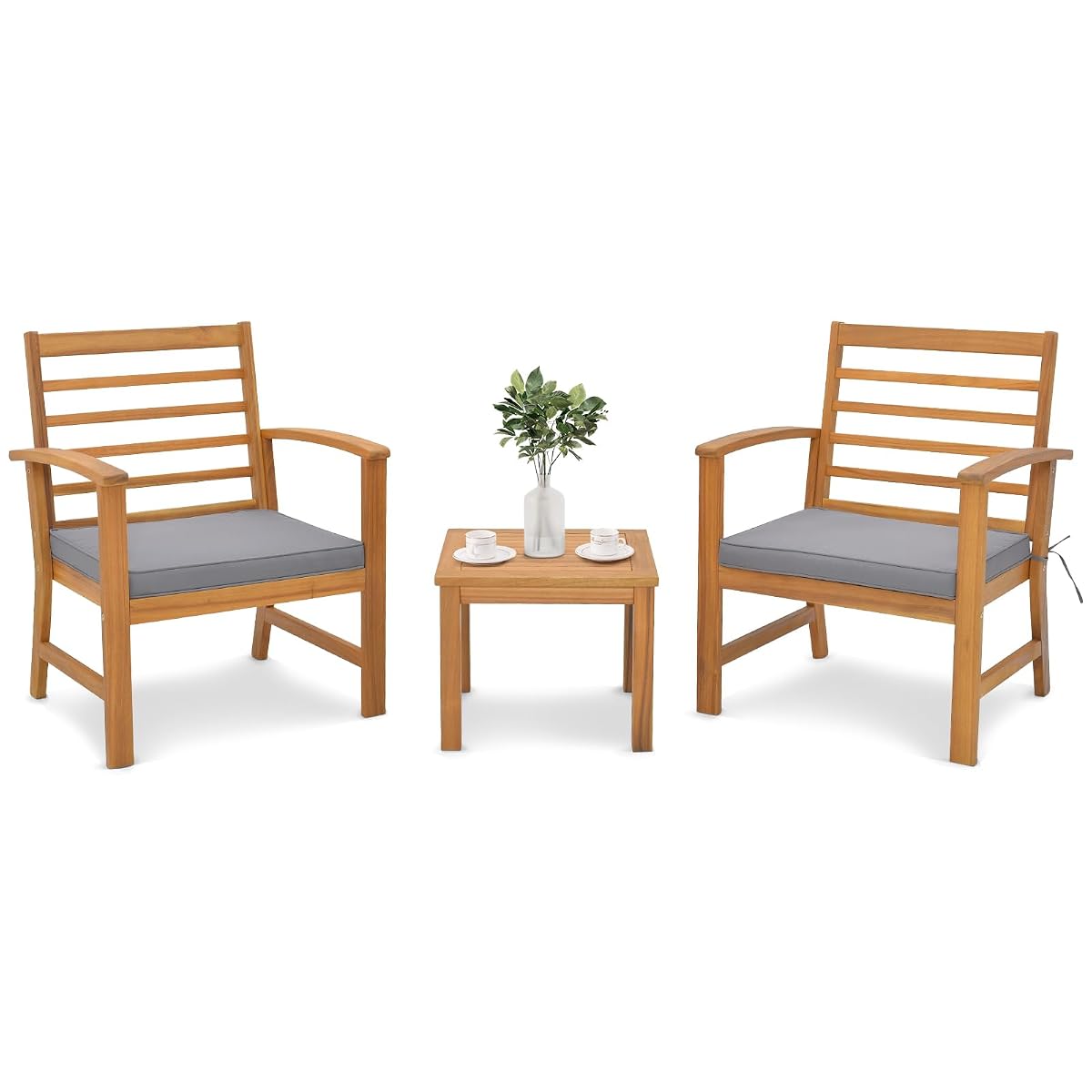 3 Pieces Outdoor Furniture Set, Acacia Wood Conversation Set with Soft Seat Cushions, Stable Acacia Wood Frame, Patio Sofa & Coffee Table Set for Backyard, Porch, Poolside (Grey)