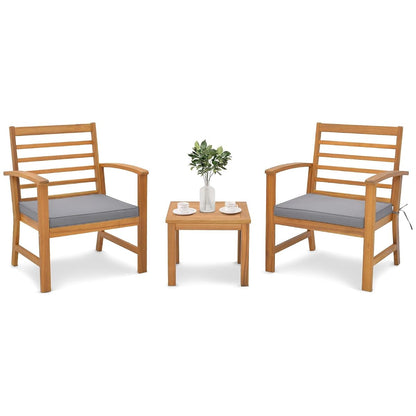3 Pieces Outdoor Furniture Set, Acacia Wood Conversation Set with Soft Seat Cushions, Stable Acacia Wood Frame, Patio Sofa & Coffee Table Set for Backyard, Porch, Poolside (Grey)